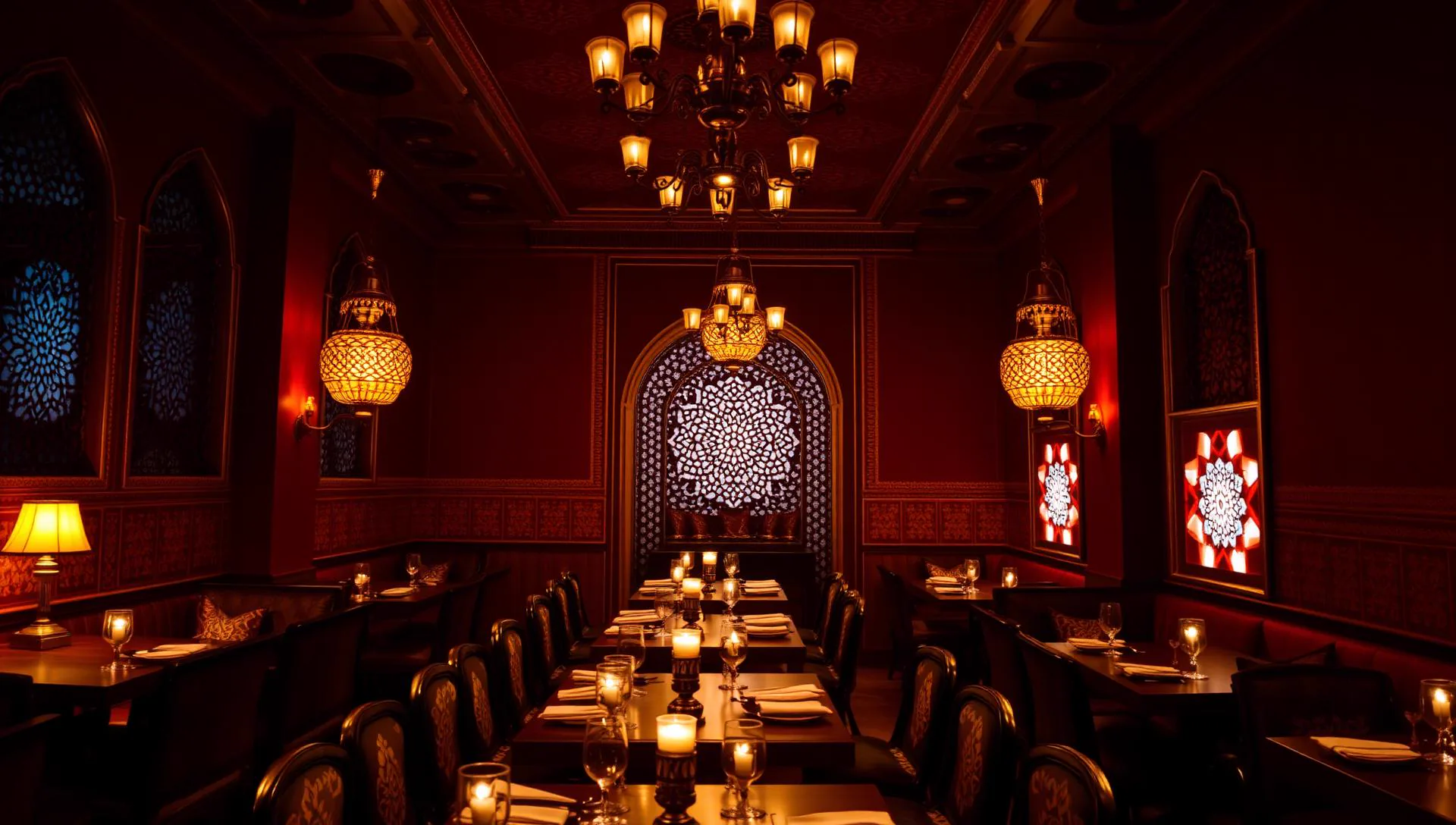 Warmly lit royal Rajasthani restaurant interior with brass lamps and jharokha windows