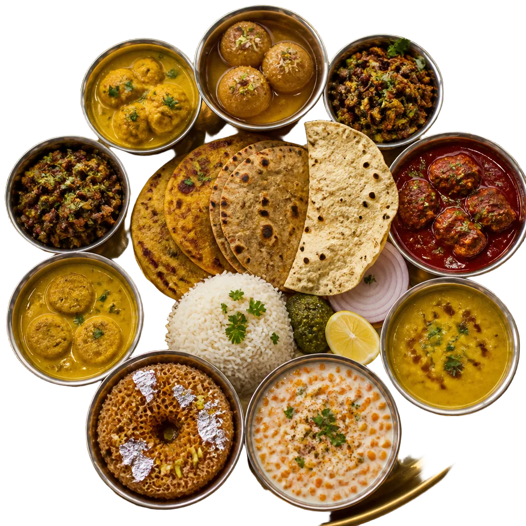 Ghoomar royal Rajasthani thali featuring Dal Baati Churma, Gatte ki Sabzi, Kair Sangri, Rajasthani Kadhi, Panchmel Dal, Papad Mangodi, Mirchi Vada, Missi and Bajra roti, jeera rice, boondi raita and saffron Malai Ghewar, served in silver katoris on a brass platter.